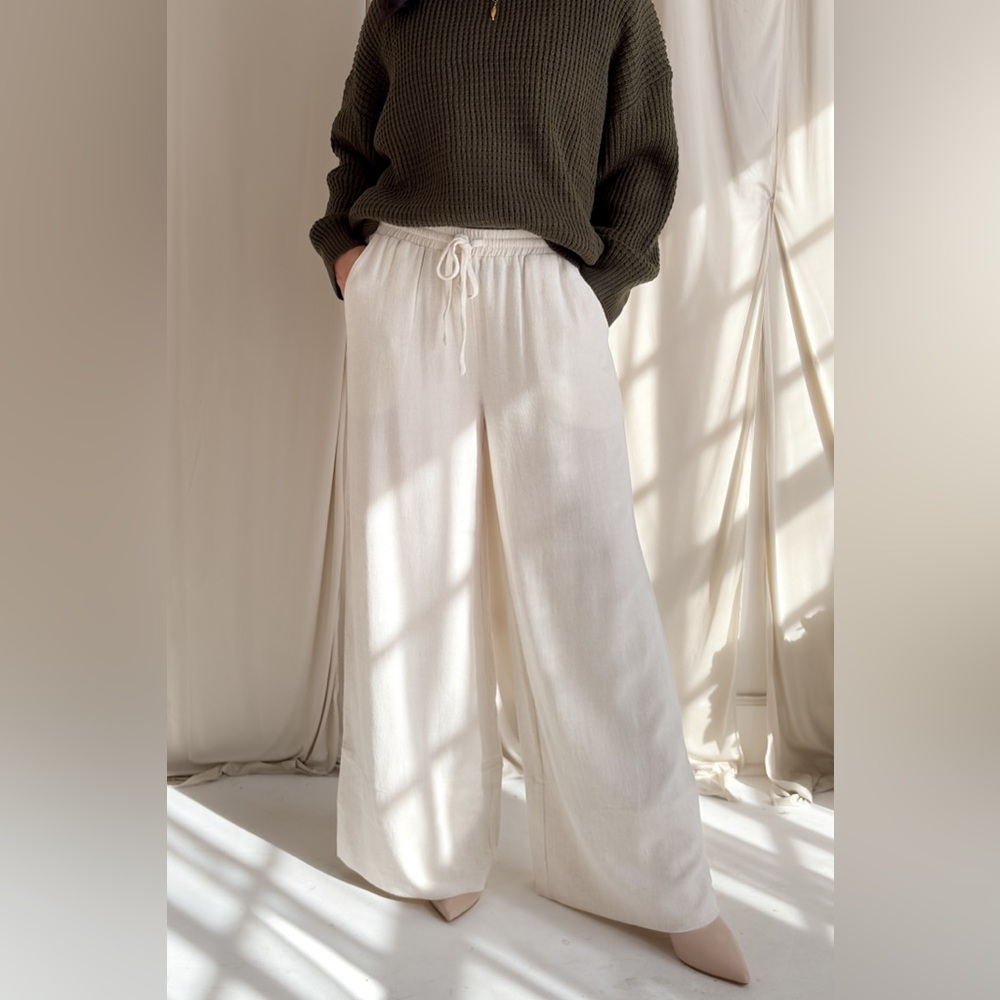 Ivory Linen Blend Wide Leg Drawstring Pants - Picture 3 of 16